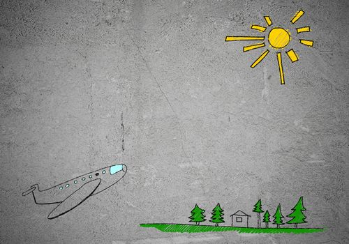 Hand drawn flying airplane on cement wall
