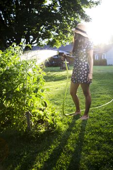 twenty something woman standing outside in the sun, wearing a sun dress and a straw hat, watering a tomato plant in a garden