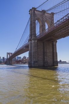 Brooklyn bridge during the day, view from the Manhattan shore