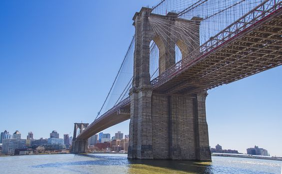 Brooklyn bridge during the day, view from the Manhattan shore