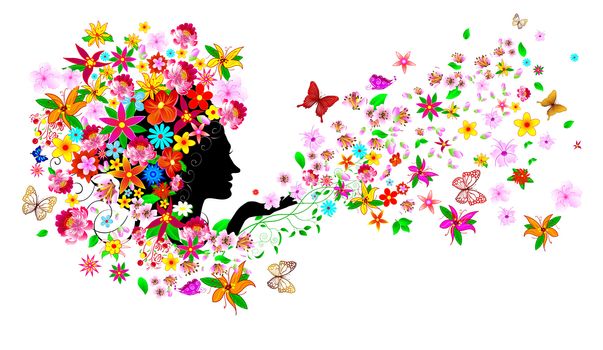 Silhouette of a woman's face among flowers and butterflies. Girl with flowers and butterflies.A girl with flowers and butterflies on her head and in her hair.                                                                                                                                                                                                                                                                                                                                                                            