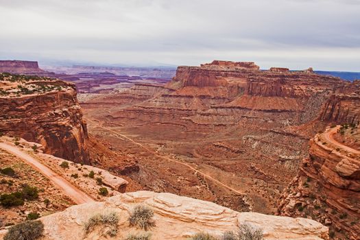 The Shafer Canyon Road seen from the Island In The Sky, Canyonlands National Park. Utah.