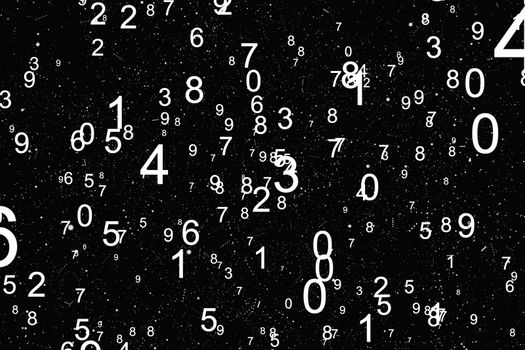 Abstract math number background. Black and white colors. Random sign flying