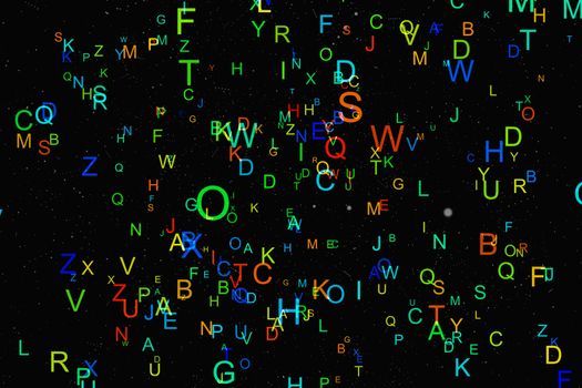 Abstract colorful alphabet fly on black background. Education concept