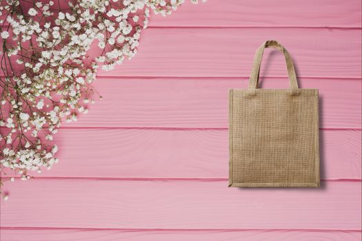 eco bag for shopping on wooden background