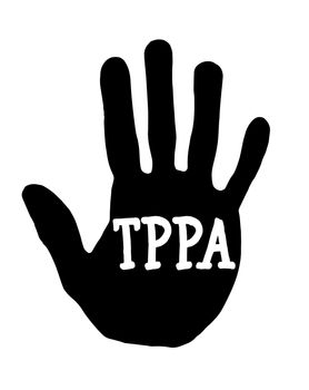 Man handprint isolated on white background showing stop TPPA(Trans-Pacific Partnership Agreement)