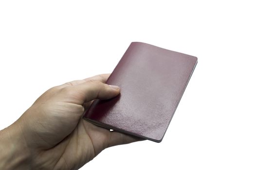 A man hand holding blank red book isolated on the white background