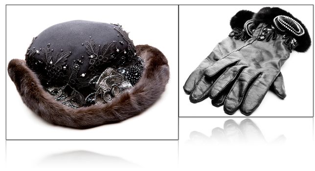 black vintage women winter fur hat black leather gloves