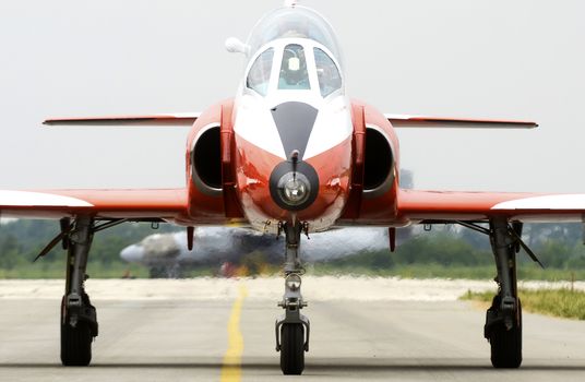 Serbian military aircraft G-4 Super Galeb at airfield