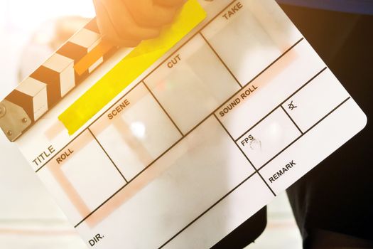 Film Slate, close up image of film production crew holding Film Slate on set