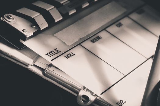 detail of film slate close up. Behind the scene background.
