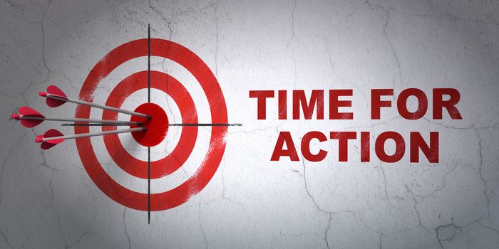 Success timeline concept: arrows hitting the center of target, Red Time for Action on wall background, 3D rendering