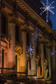 Christmas decorations on buildings in Lisbon city, Portugal.