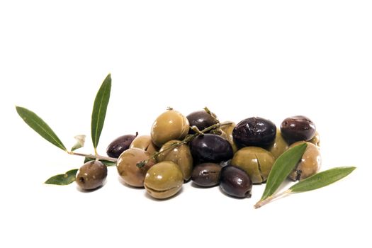 Green and black olives isolated on a white background.