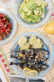 Grilled atlantic horse mackerel meal with salad and potatoes.