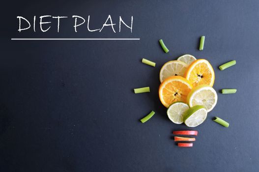Diet plan to do list next to fruits in the shape of a light bulb 
