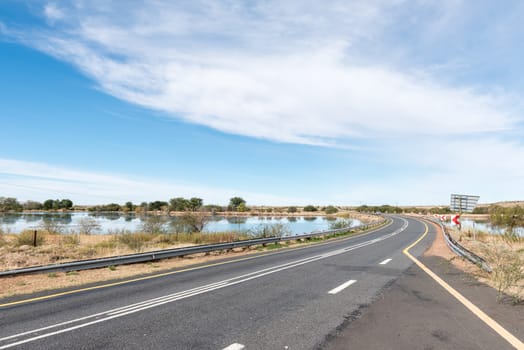 A reservoir next to the Orange River near Groblershoop in the Northern Cape Province. An irrigation canal system originates from this dam