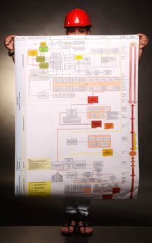 Worker with Scheme of detailed business plan