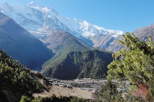 Huge mountain valley in nepal himalayas with mountain annapurna II