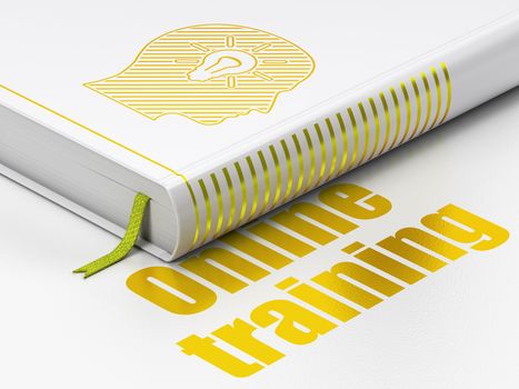Learning concept: closed book with Gold Head With Light Bulb icon and text Online Training on floor, white background, 3D rendering
