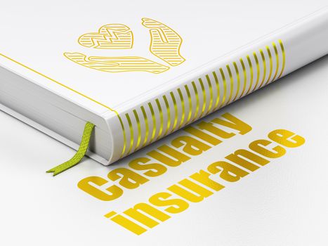 Insurance concept: closed book with Gold Heart And Palm icon and text Casualty Insurance on floor, white background, 3D rendering