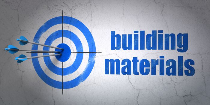 Success construction concept: arrows hitting the center of target, Blue Building Materials on wall background, 3D rendering