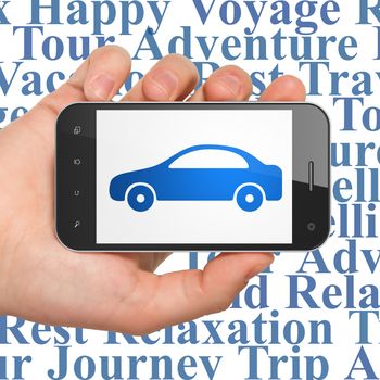 Tourism concept: Hand Holding Smartphone with  blue Car icon on display,  Tag Cloud background, 3D rendering