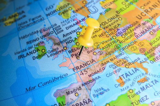 France pinned on a map of Europe