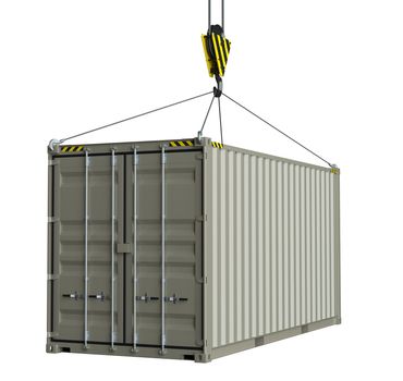 Service delivery - cargo container hoisted by hook. 3D rendering