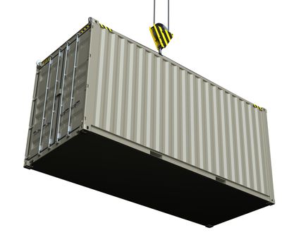 Service delivery - cargo container hoisted by hook. 3D rendering