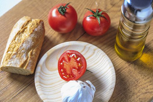 Tipical catalonial breakfast with bread,tomato and oil