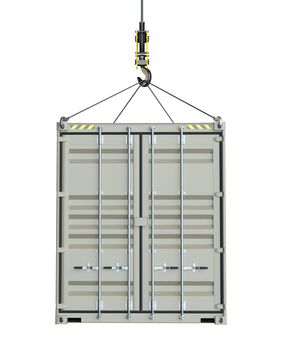 Service delivery - cargo container hoisted by hook. 3D rendering