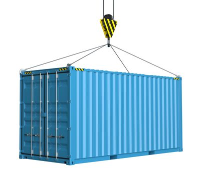 Service delivery - blue cargo container hoisted by hook. 3D rendering