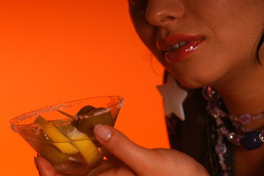 Close up view of colorful martini cocktail