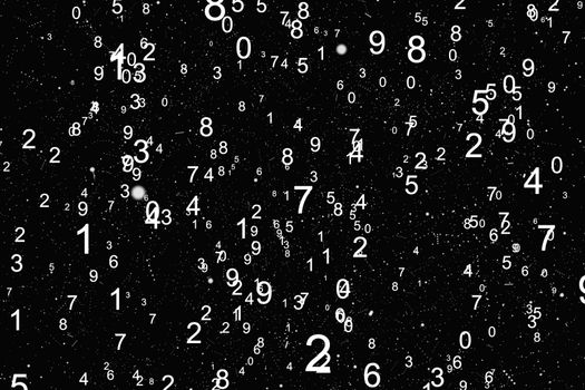 Abstract math number background. Black and white colors. Random sign flying