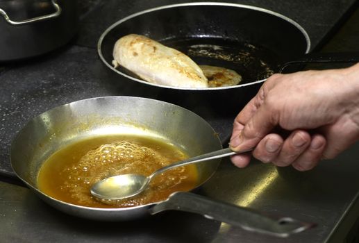 Close up view of cooking and preparing food