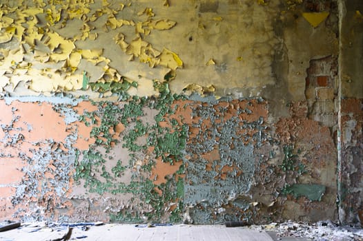 wide angle view of an old wall abandoned factory building
