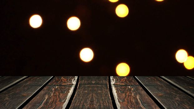 Perspective wood and bokeh background of night and the shimmering glare of the lights. display template item.
