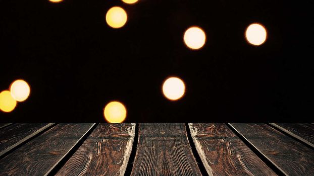 Perspective wood and bokeh background of night and the shimmering glare of the lights. display template item.