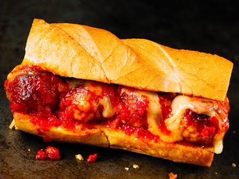 close up of rustic american italian meatball sandwich