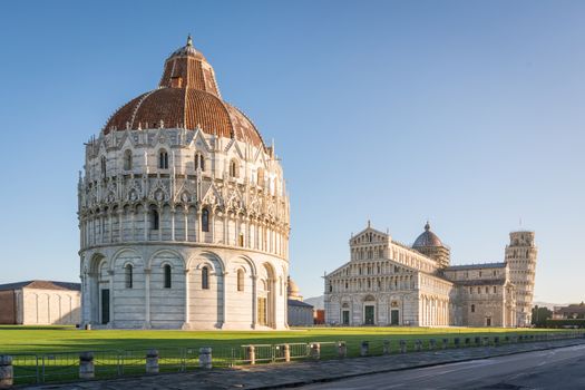 Pisa Baptistery, the Pisa Cathedral and the Tower of Pisa,Unesco world heritage site. They are located in the Piazza dei Miracoli (Square of Miracles) in Pisa, Italy.