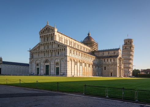 Pisa,Piazza dei Miracoli (Square of Miracles), with the Cathedral and the leaning tower, Unesco world heritage site,Italy.