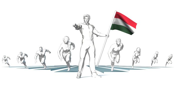 Hungary Racing to the Future with Man Holding Flag
