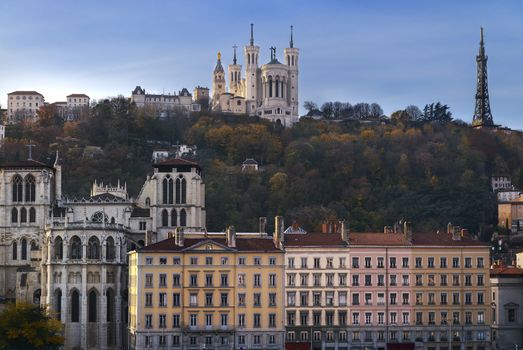 Lyon city and fourviere hill in front of the saone river, Rhone alpes auvergne, France
