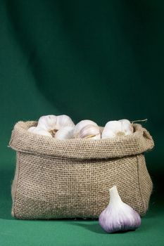 Garlic in a bag on a green background