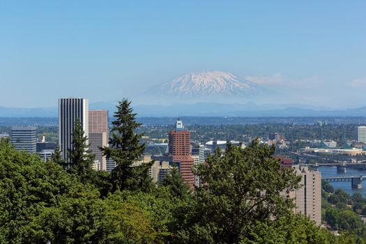 Portland Oregon downtown with Mount Saint Helens view