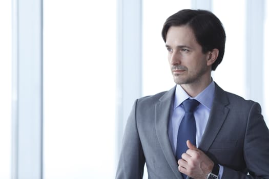 Portrait of handsome businessman standing near windows in office