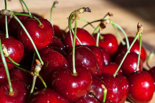 Fresh cherries in jar on the wooden background. Selective focus. Focus on the right cherries in front of jar.