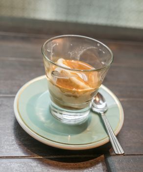 Coffee affogato with vanilla ice cream and espresso