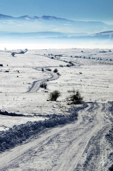 Landscape of road on the empty field covered with snow and ice on sunny day